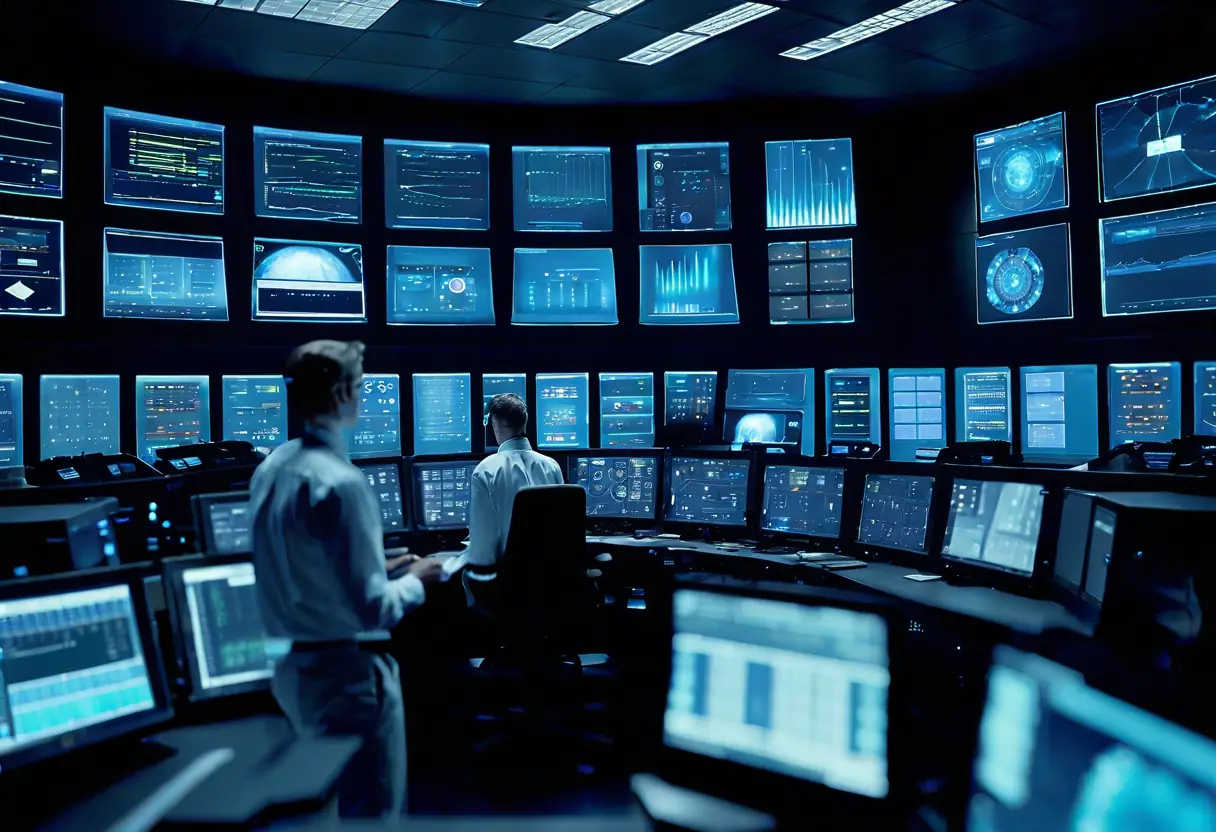 Operators in a control room analyzing data insights for optimal centrifuge operation.