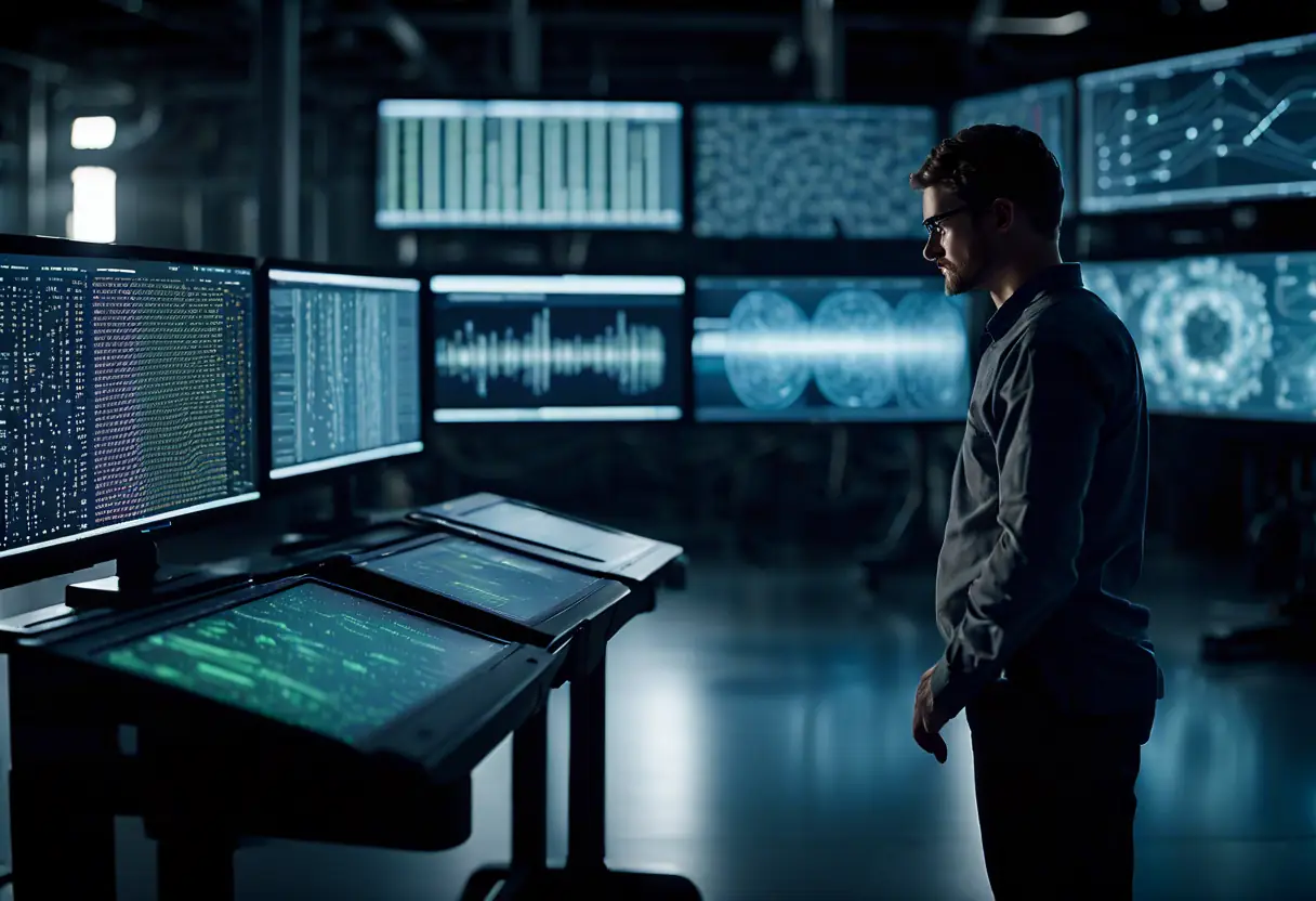Cinematic scene of a machine learning model being trained with data from an industrial process, featuring an engineer analyzing the information. ai capabilities