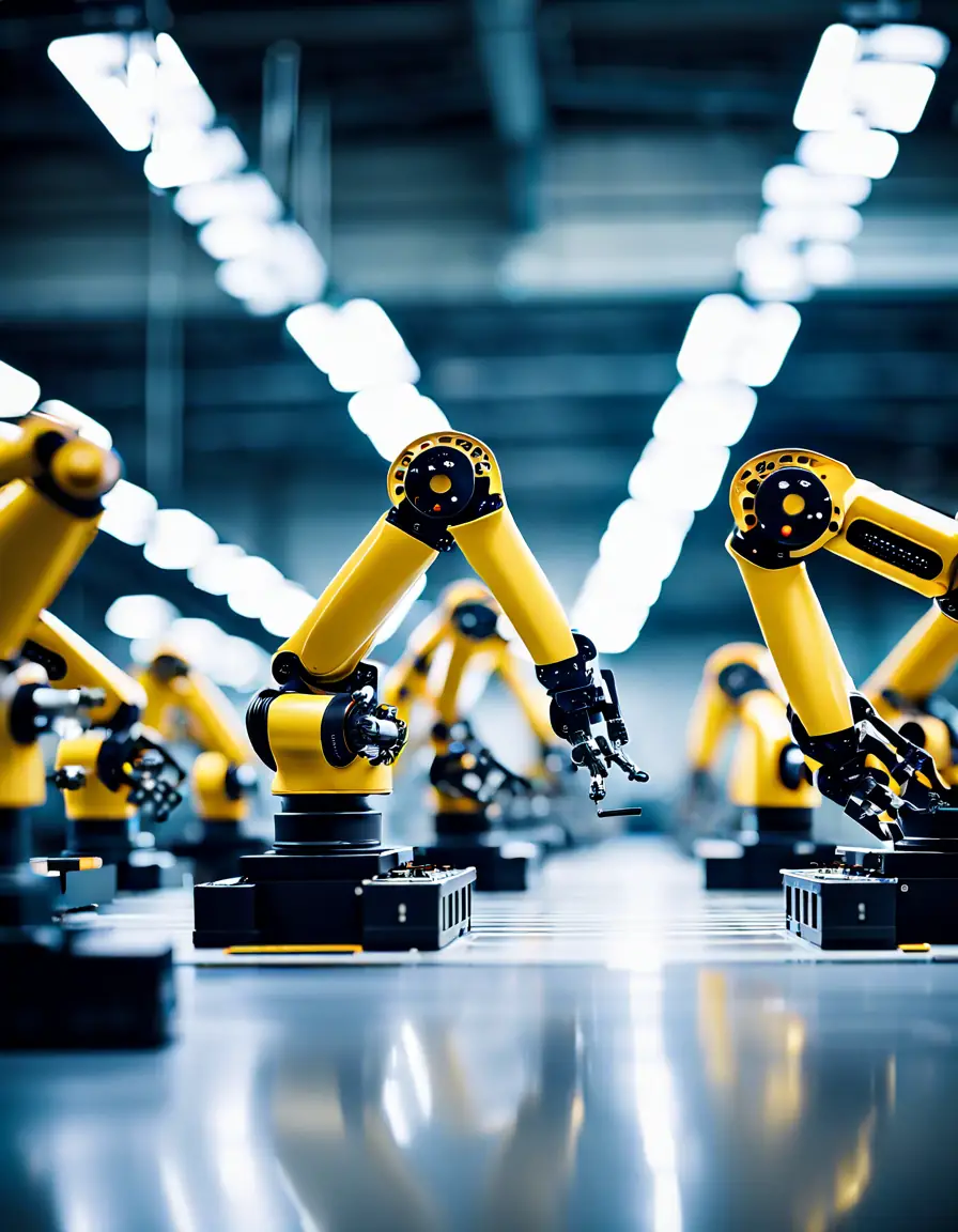 Robotic arms working in a manufacturing setting, representing automation and cost reduction.