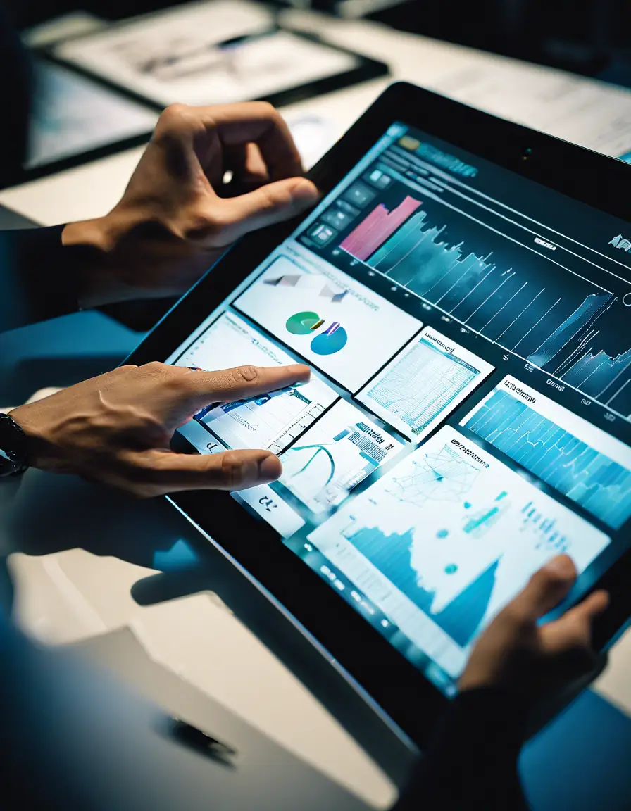 A user-friendly simulator interface displayed on a tablet in a bright workspace.