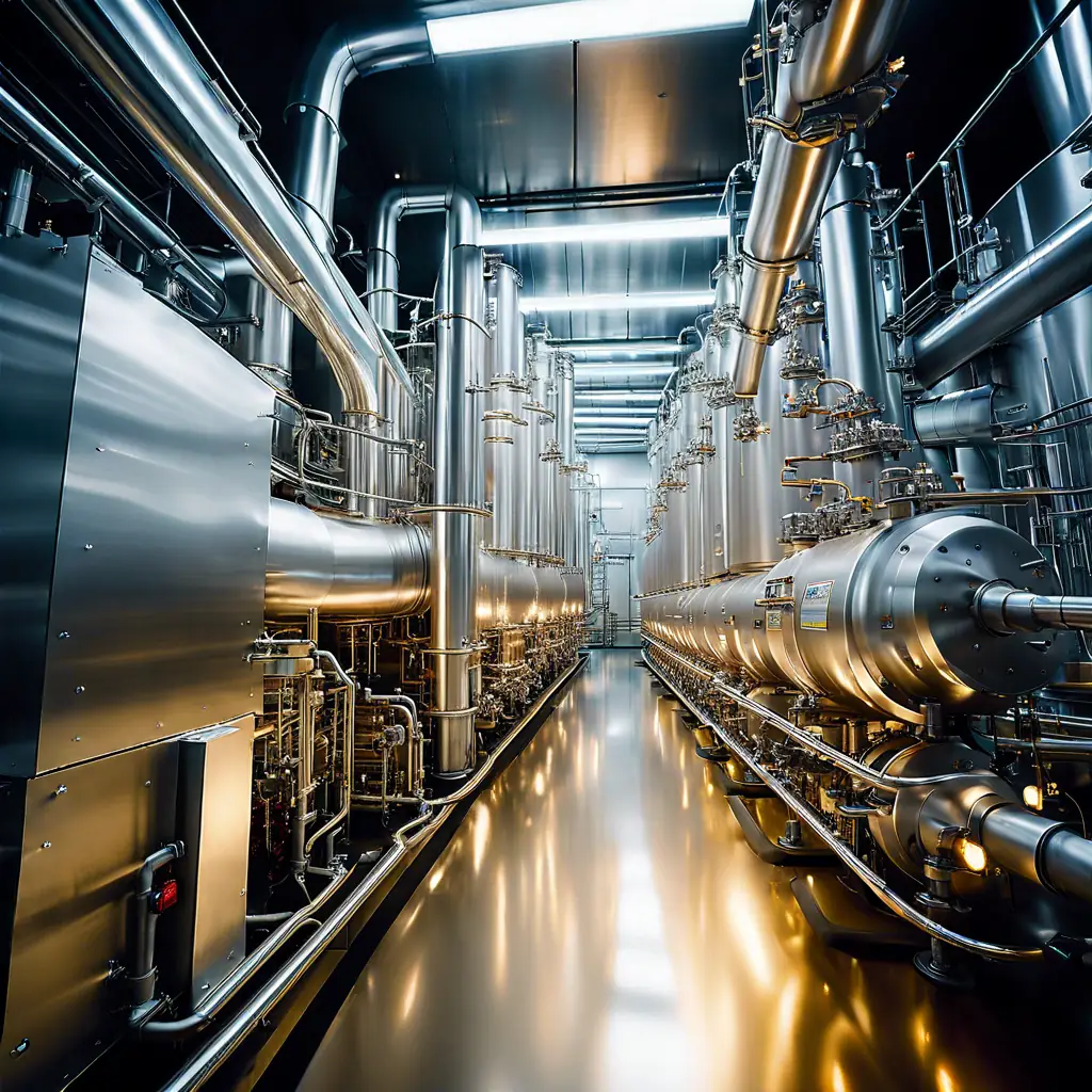 A high-tech industrial evaporator in operation, showcasing advanced AI-driven optimizations with steam and bright lights.