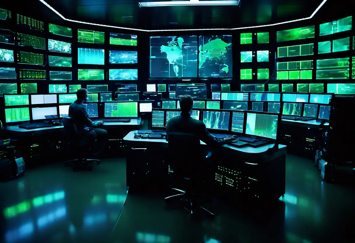 A modern control room with professionals monitoring real-time data analytics on high-tech screens.