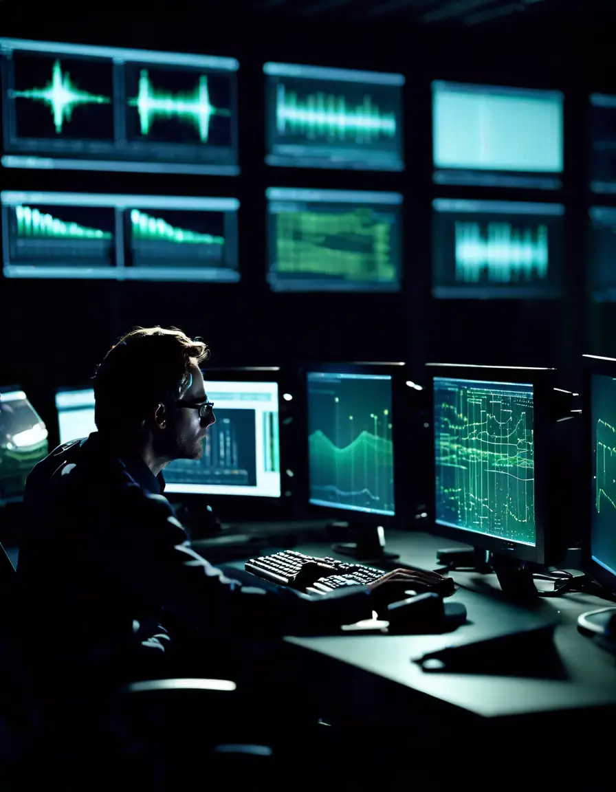 Engineers working on a computer with complex data visualizations on the screen.