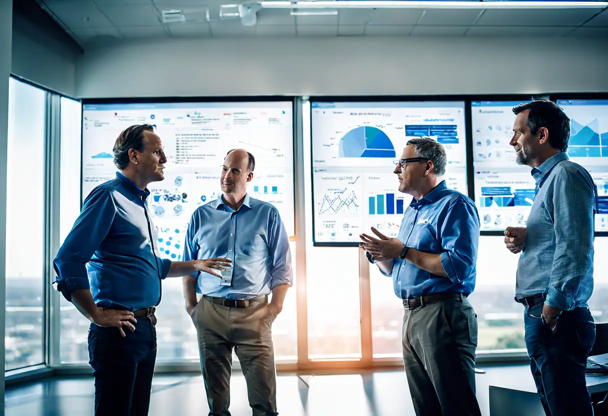 A ProcessPoint.AI team member discussing optimization strategies with fertilizer industry professionals in a modern office.