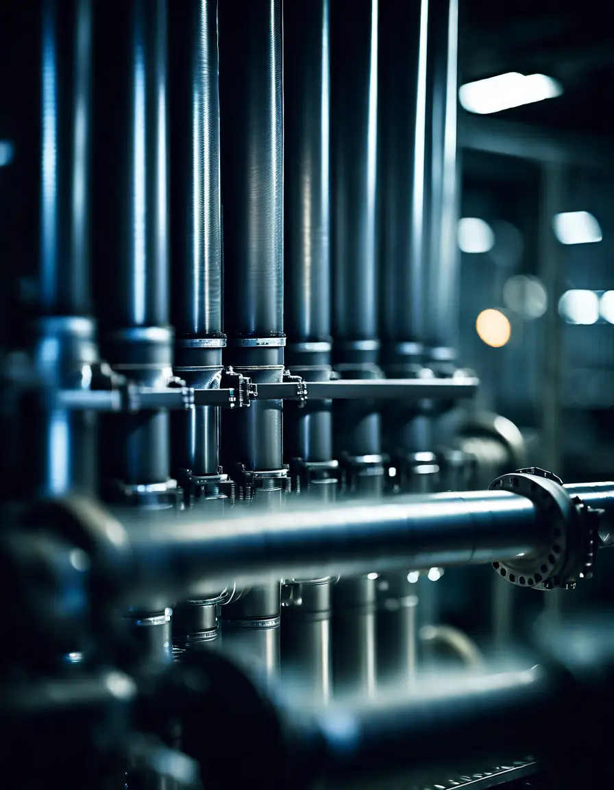 A modern industrial filtration system in operation, showcasing water flowing through transparent filters.