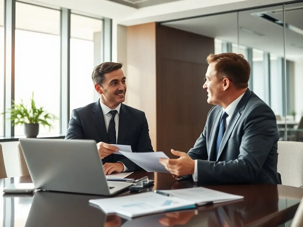 Consultant discussing strategies with a pharmaceutical executive in a conference room.