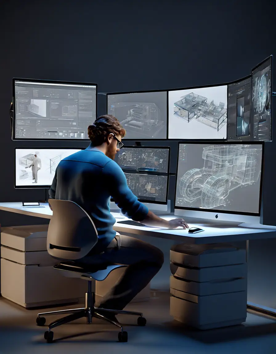 Designer working on a digital twin model on a computer screen.