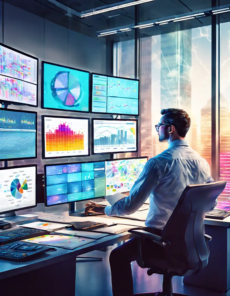 Data scientist analyzing complex data sets on multiple screens in a modern office.