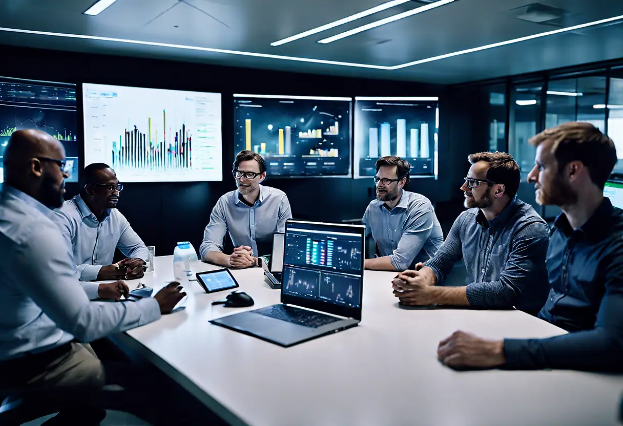 Photograph of a team of AI specialists collaborating with dairy farm operators in a modern office.