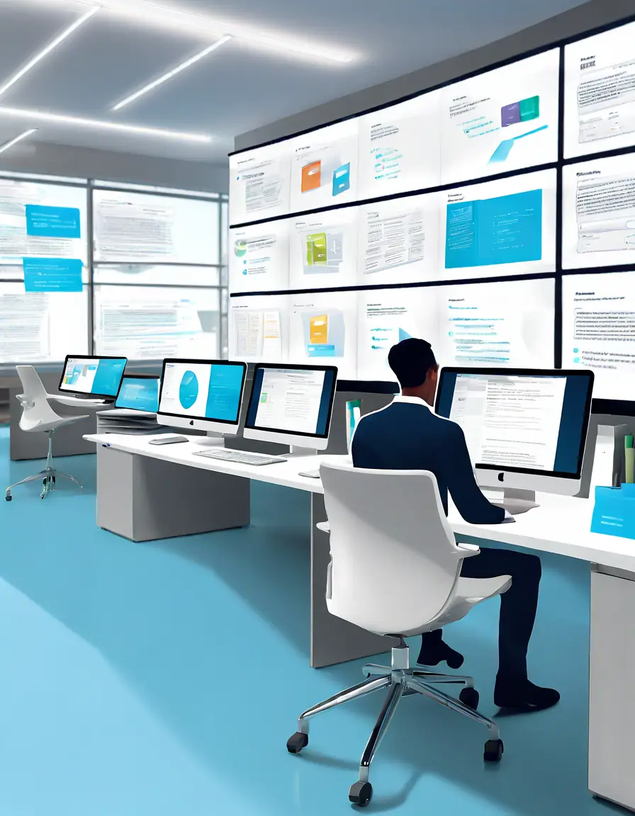 A digital document management system on a computer screen in a modern office setting.