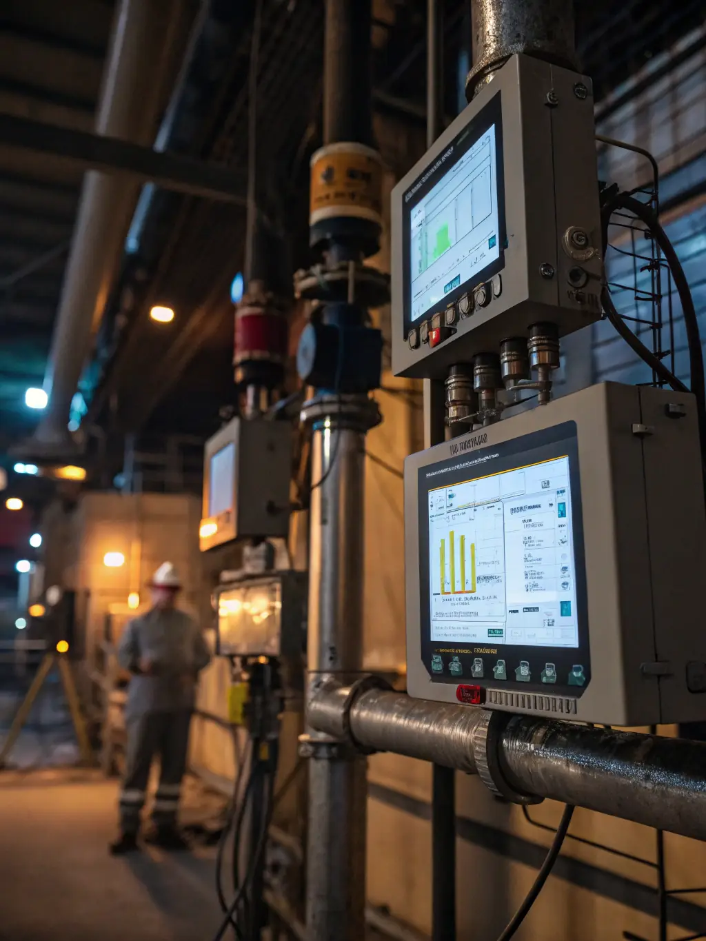 A graphic representation of a predictive maintenance system, showing real-time data analysis and alerts for potential equipment failures, emphasizing minimized unplanned downtime and enhanced reliability.