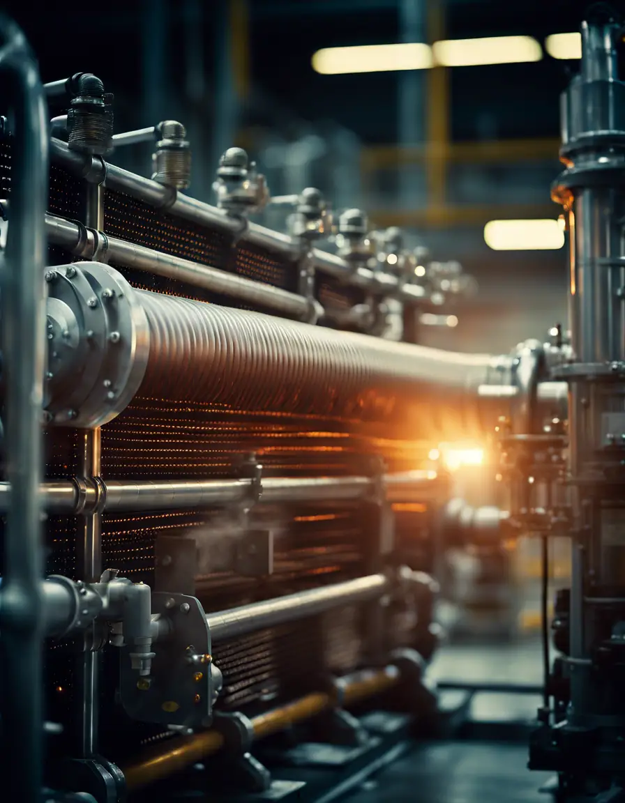 A heat exchanger operating at peak efficiency with performance metrics displayed.