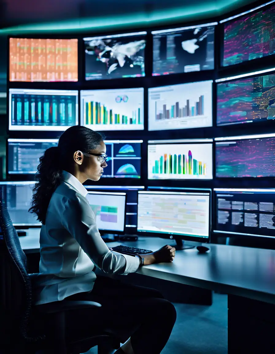 A data scientist analyzing complex data sets on multiple screens in a modern office.
