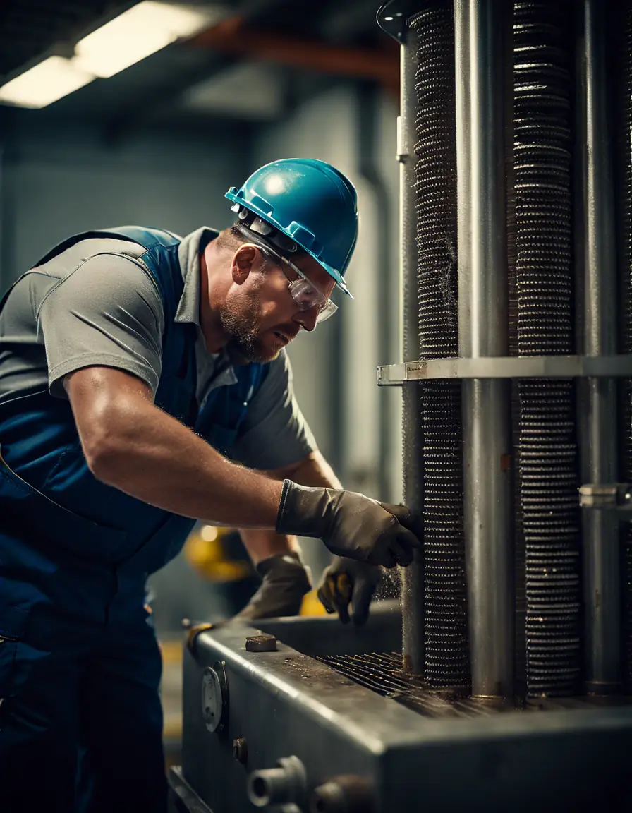 A maintenance team efficiently cleaning a heat exchanger with a schedule in the background.