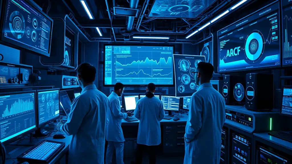 Futuristic laboratory showcasing AI technology with scientists collaborating over digital displays.