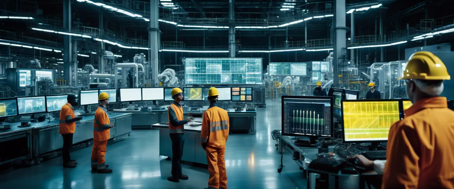 Industrial facility at night with AI integration, featuring machinery and workers monitoring processes.