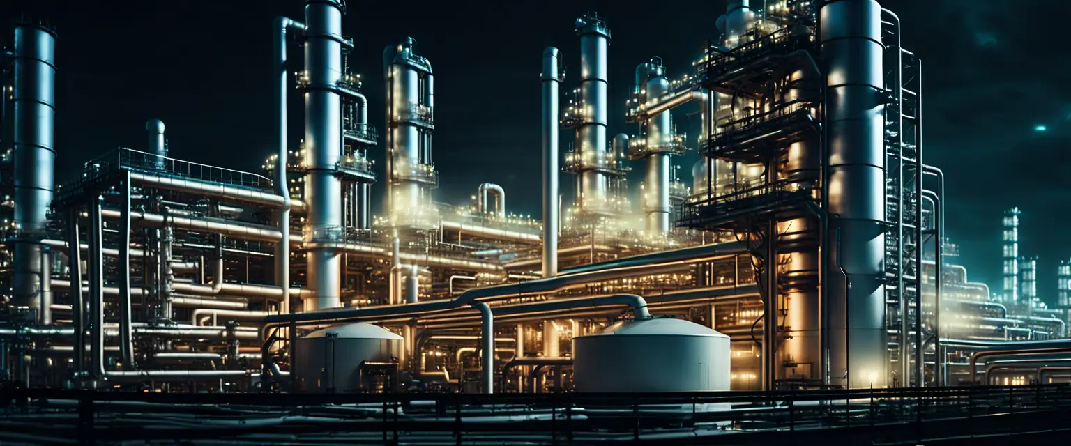 Futuristic petrochemical plant with digital AI overlays against a dark sky.