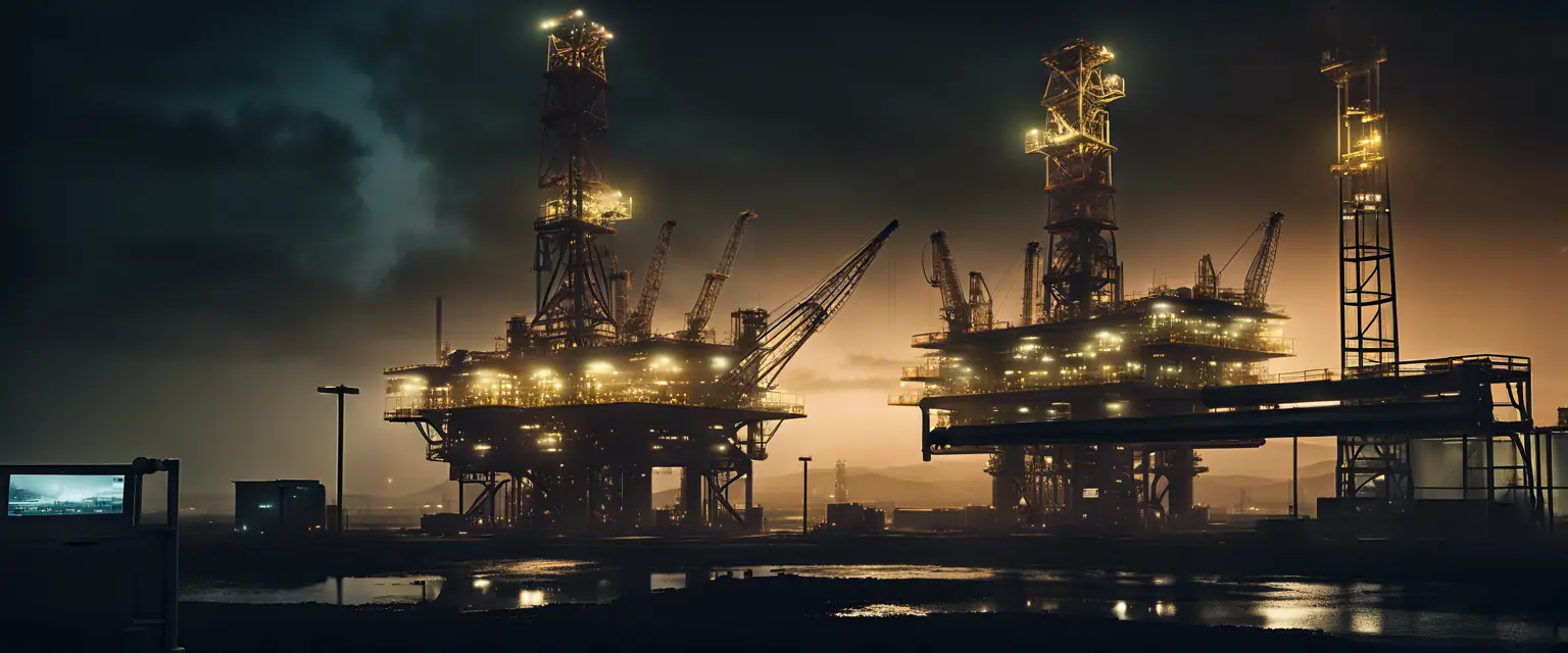 An advanced oil rig with digital overlays showing AI-driven analytics in a dark industrial setting.