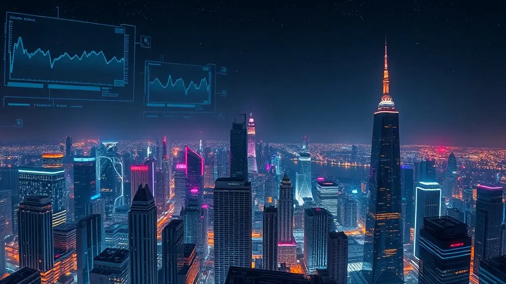 Futuristic cityscape at night with digital data overlays representing AI technology.