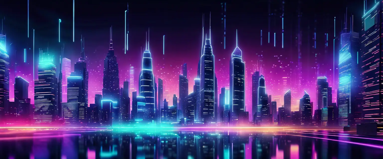 Futuristic cityscape at night with data analytics graphics overlay, showcasing AI-powered innovation.