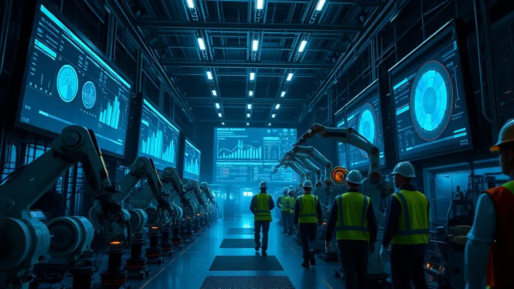 A high-tech industrial facility showcasing AI technology integration with robotic arms and data analytics screens.