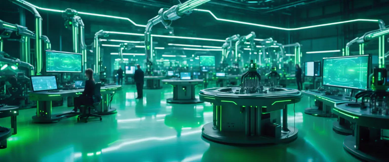A futuristic industrial facility showcasing AI-driven machinery and data analytics in action.