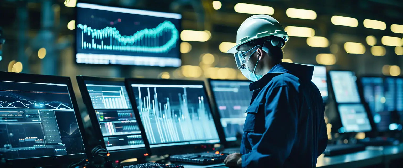 A busy industrial facility at night with workers monitoring a control panel displaying AI technology overlays.