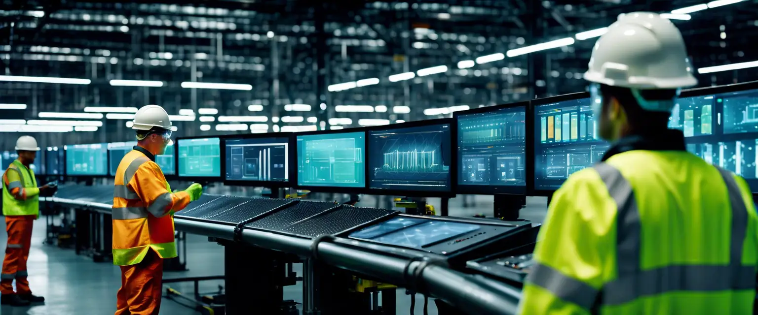 Industrial operations at night enhanced by AI technology, featuring workers and advanced machinery illuminated by LED lights.