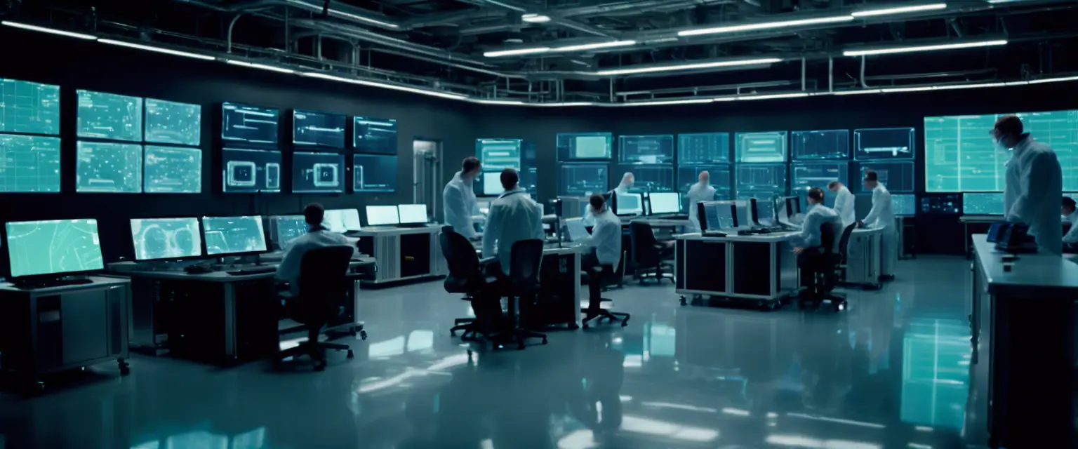 Engineers monitoring advanced computer vision technology in a dimly lit industrial facility.