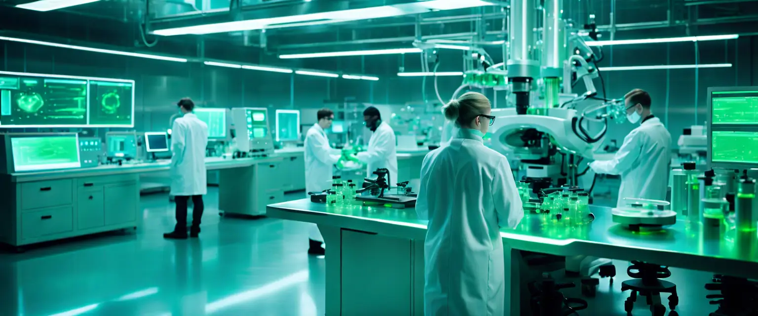 A high-tech laboratory with AI-driven machinery in action, illuminated by blue and green lights, with technicians monitoring the equipment.