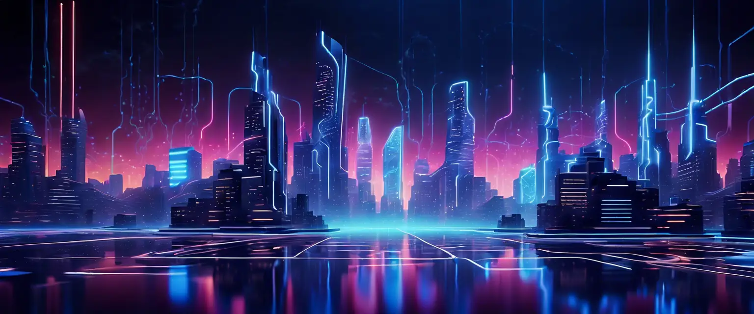 Futuristic cityscape background with abstract AI elements, illuminated by neon lights.